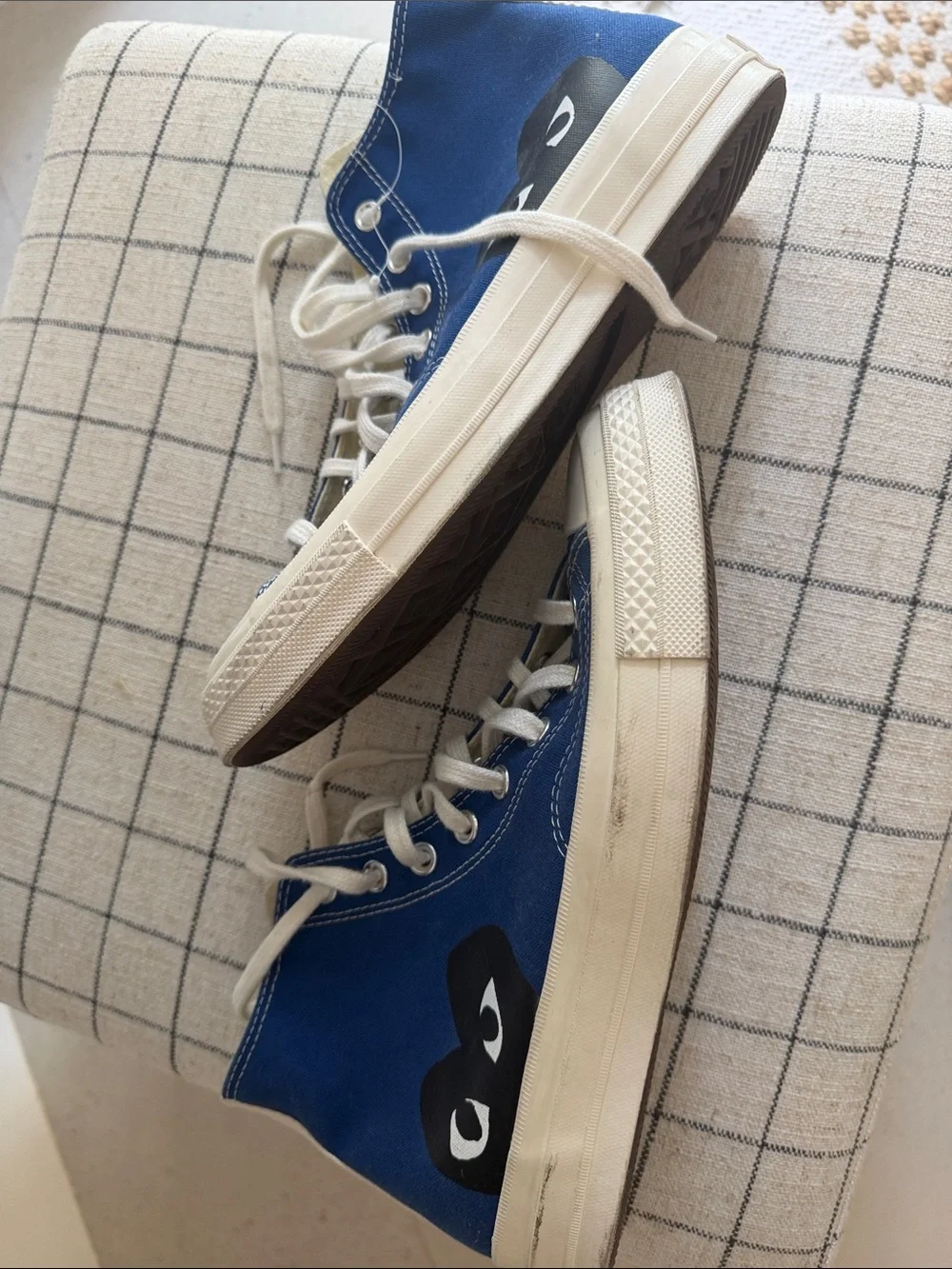Comme des Garcons Blue High-Top Sneakers with Black Heart Eyes. 💙🖤